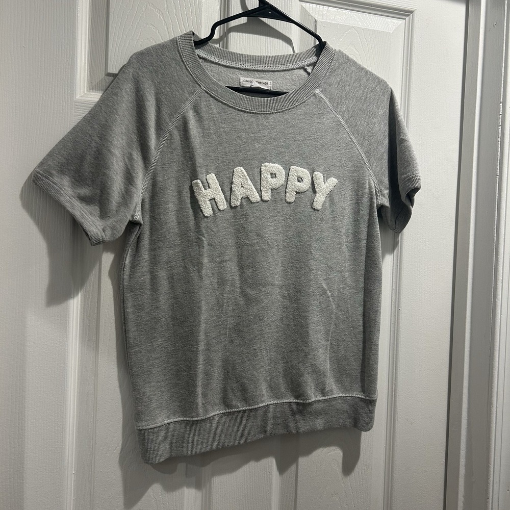 Grayson Threads Women XS Gray HAPPY Short Sleeve Sweatshirt Chenille Graphic Top